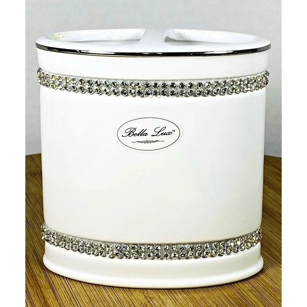 Bella Lux White Ceramic Toothbrush Holder, Silver Rhinestone Bands, Glossy Glam
